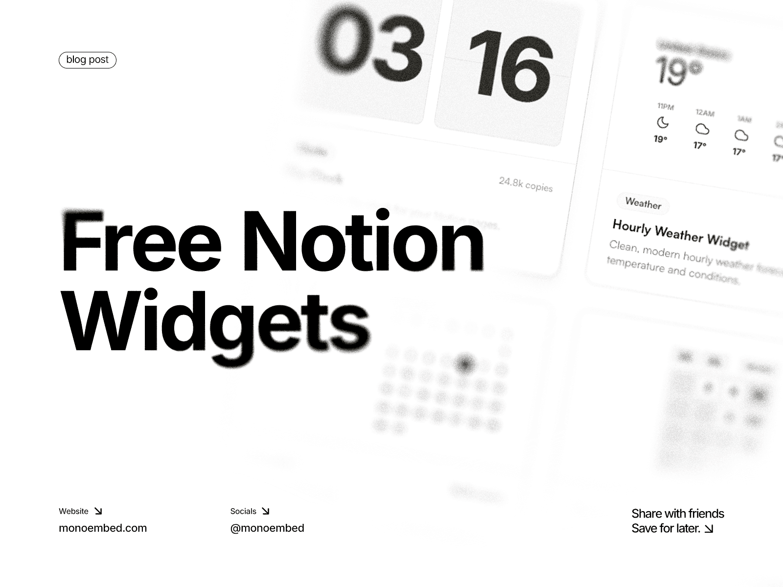 Free Notion widgets including clock, calendar, and tracker embedded inside a Notion page